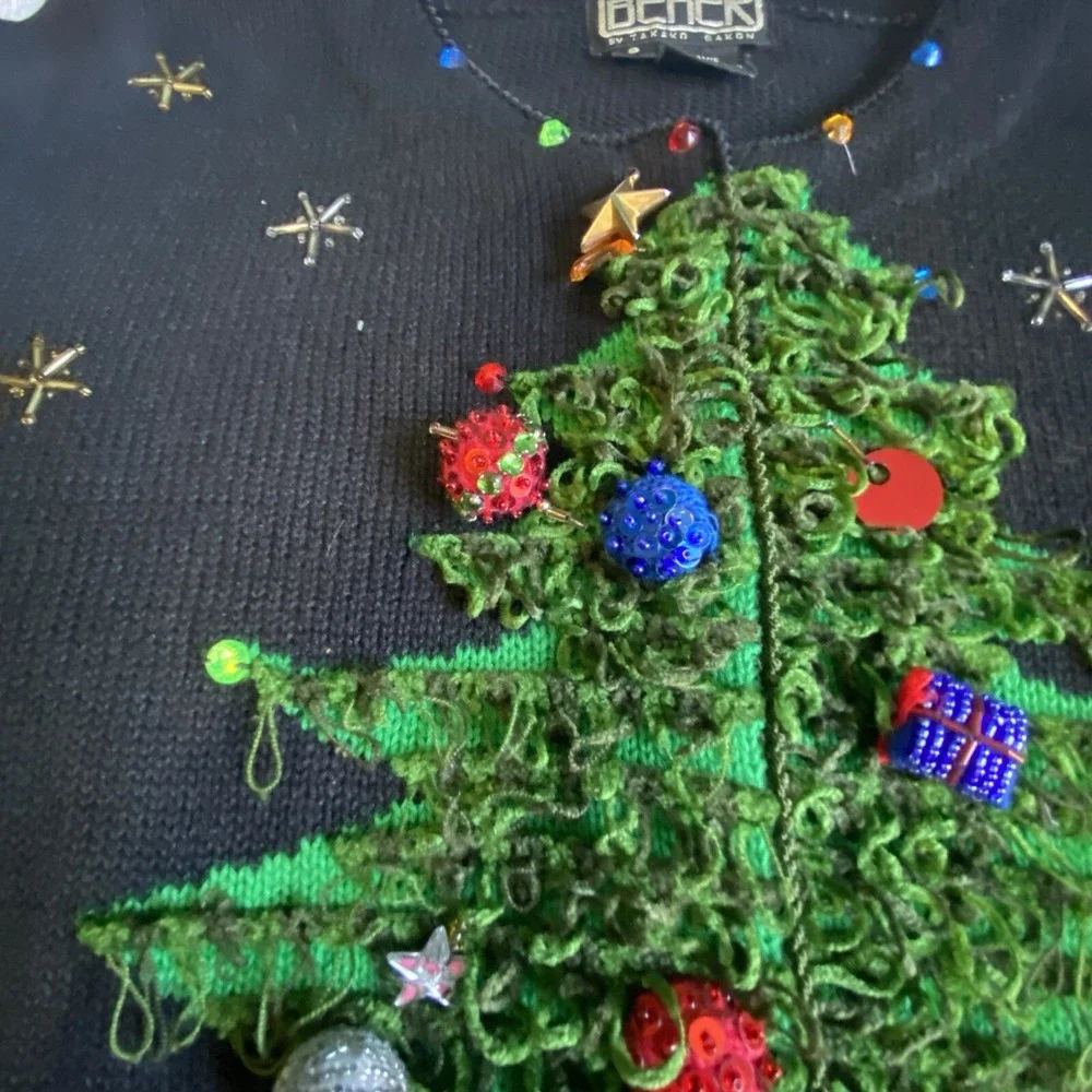 Berek 2 Sweater Christmas Tree 3D Sz S VTG Takako Saxon‎ Black Button Down Front